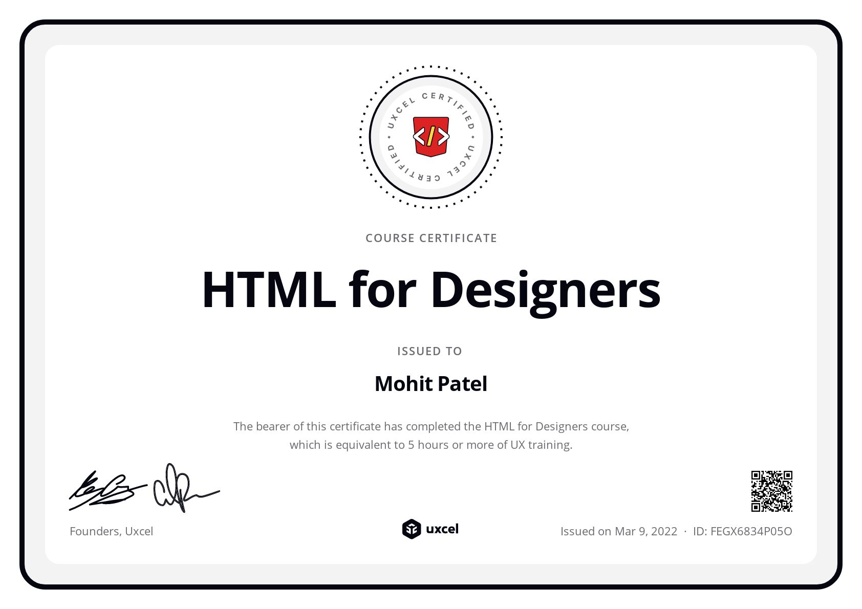 Mohit Patel's certificate